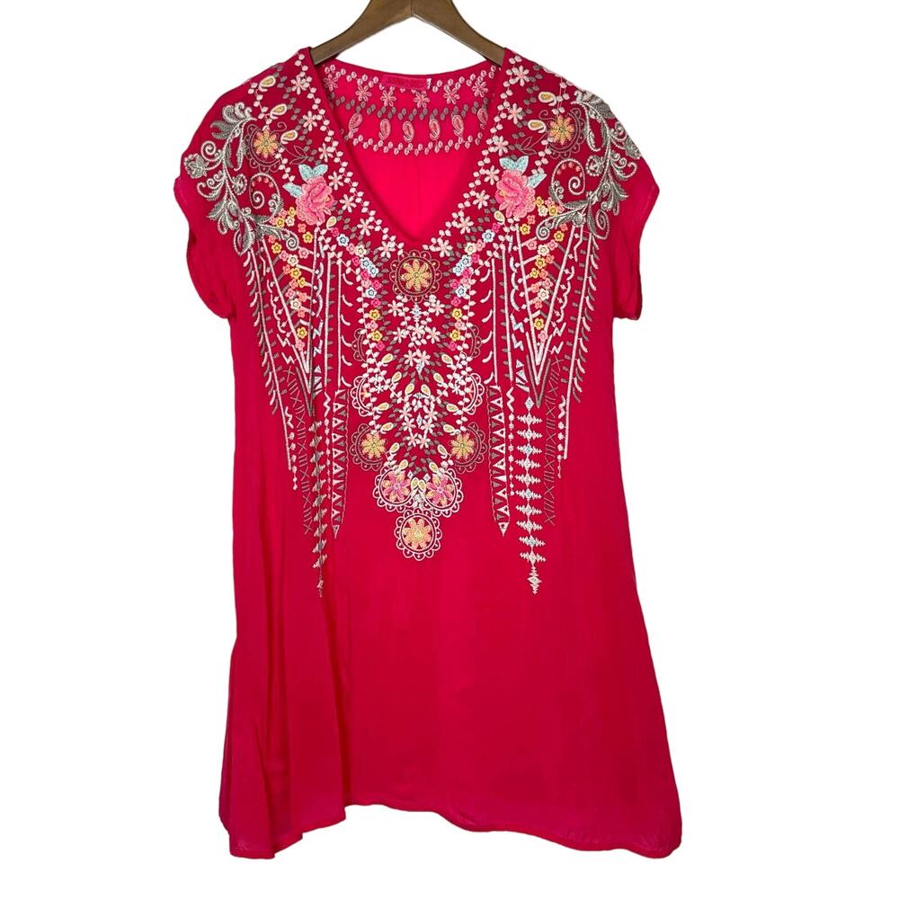 Johnny Was | Karineh Georgette Magenta Pink Embroidered Boho Tunic Mini Dress